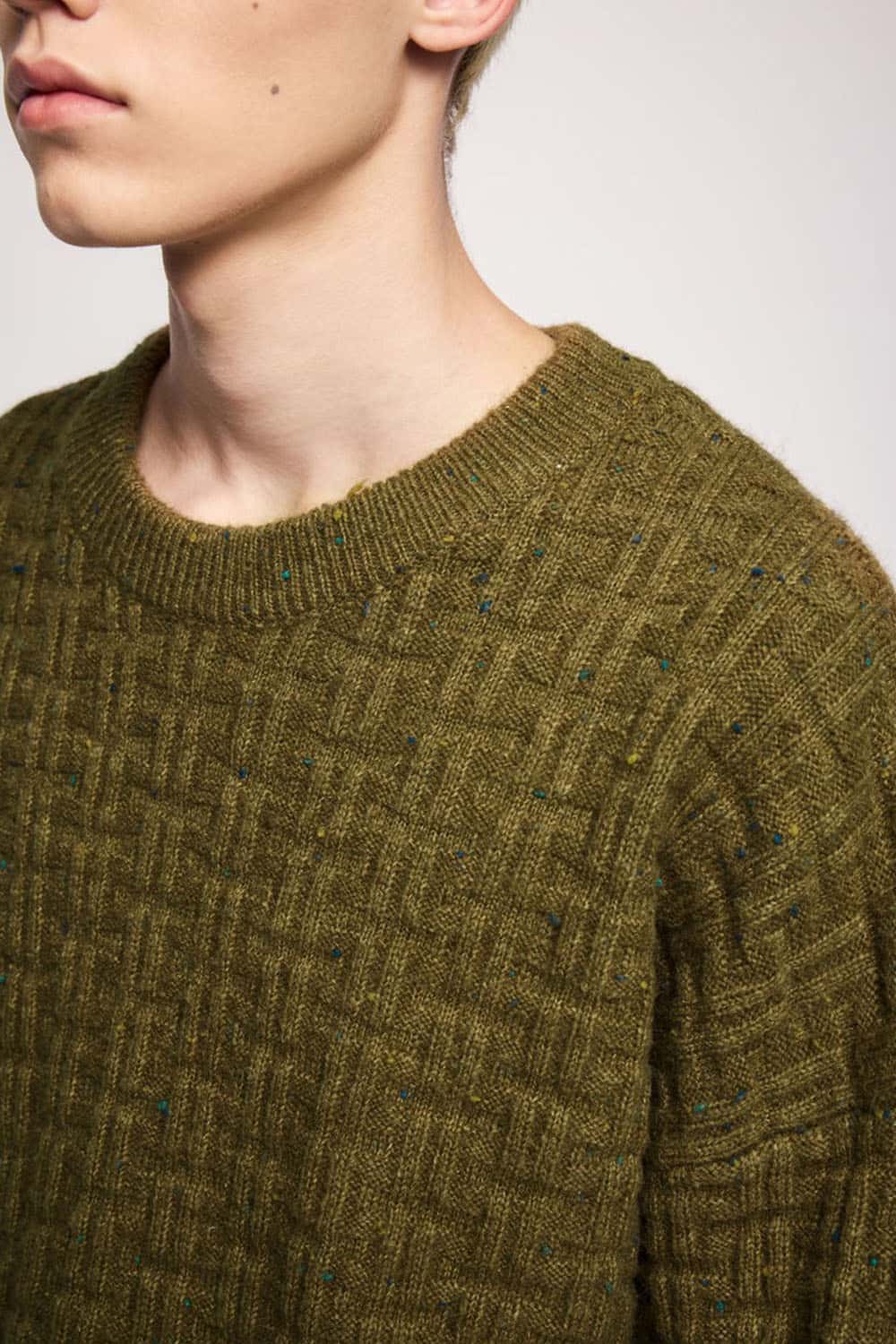 Abrasion-Resistant Flecked Geometric-Knit Crewneck Sweater in Camel - collar detail