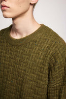 Abrasion-Resistant Flecked Geometric-Knit Crewneck Sweater in Camel - collar detail