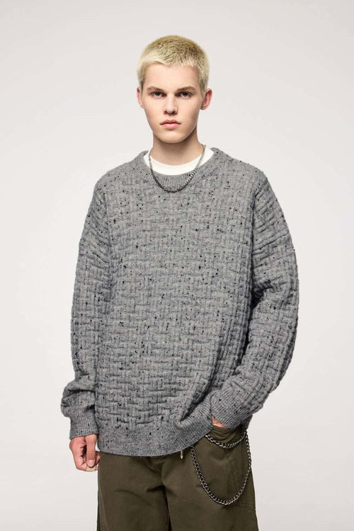 Abrasion-Resistant Flecked Geometric-Knit Crewneck Sweater in Flower Gray - front modeled view