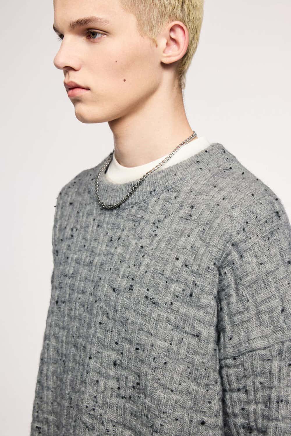 Abrasion-Resistant Flecked Geometric-Knit Crewneck Sweater in Flower Gray - product detail close-up