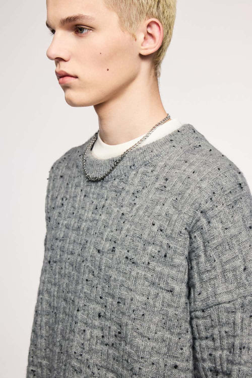 Abrasion-Resistant Flecked Geometric-Knit Crewneck Sweater in Flower Gray - product detail close-up