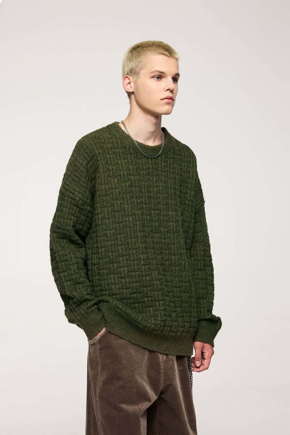 Abrasion-Resistant Flecked Geometric-Knit Crewneck Sweater in Military Green - three-quarter front modeled view
