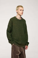 Abrasion-Resistant Flecked Geometric-Knit Crewneck Sweater in Military Green - three-quarter front modeled view