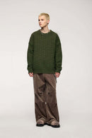 Abrasion-Resistant Flecked Geometric-Knit Crewneck Sweater in Military Green - full-length front modeled view