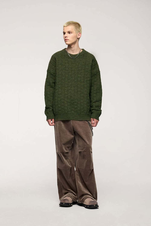 Abrasion-Resistant Flecked Geometric-Knit Crewneck Sweater in Military Green - full-length front modeled view