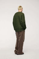 Abrasion-Resistant Flecked Geometric-Knit Crewneck Sweater in Military Green - full-length back modeled view