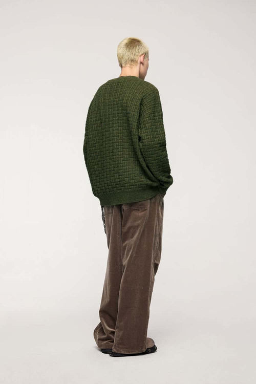Abrasion-Resistant Flecked Geometric-Knit Crewneck Sweater in Military Green - full-length back modeled view