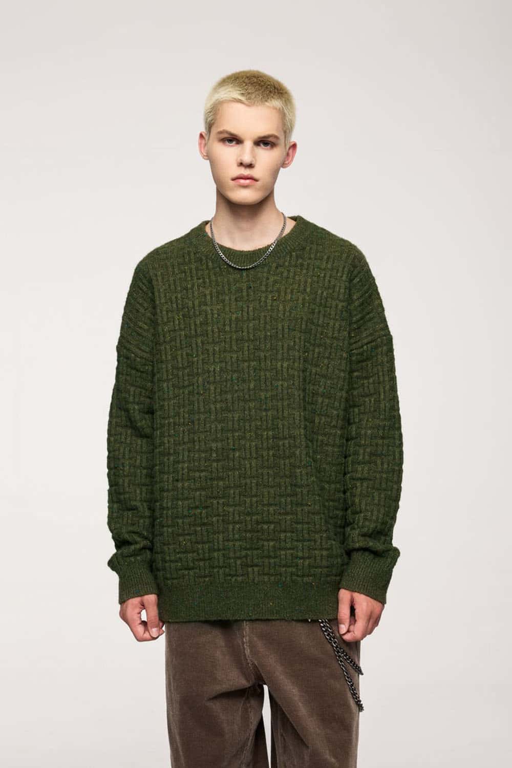 Abrasion-Resistant Flecked Geometric-Knit Crewneck Sweater in Military Green - front modeled view