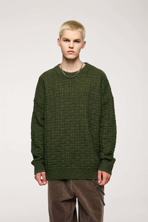 Abrasion-Resistant Flecked Geometric-Knit Crewneck Sweater in Military Green - front modeled view