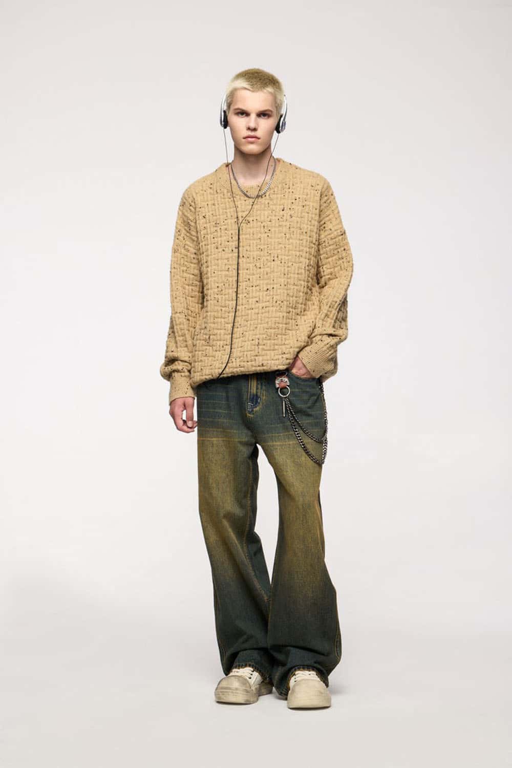 Abrasion-Resistant Flecked Geometric-Knit Crewneck Sweater in Milk Tea - full-length front modeled view