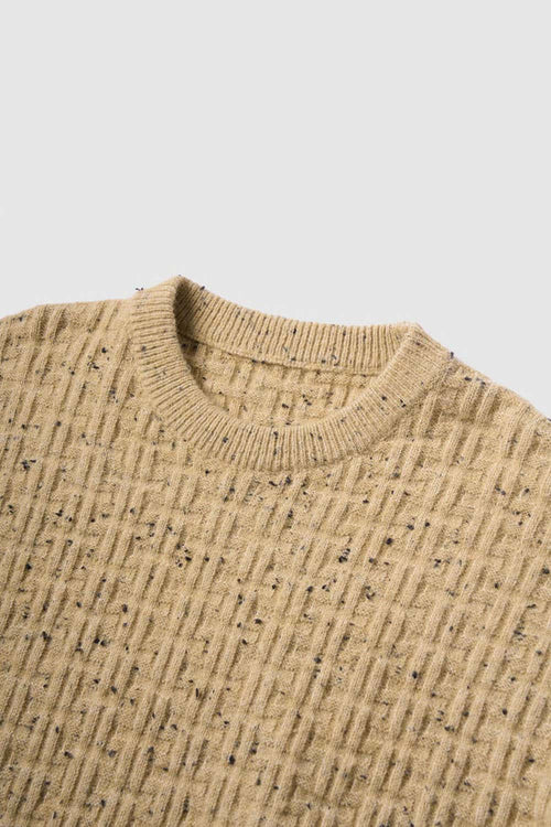 Abrasion-Resistant Flecked Geometric-Knit Crewneck Sweater in Milk Tea - collar detail