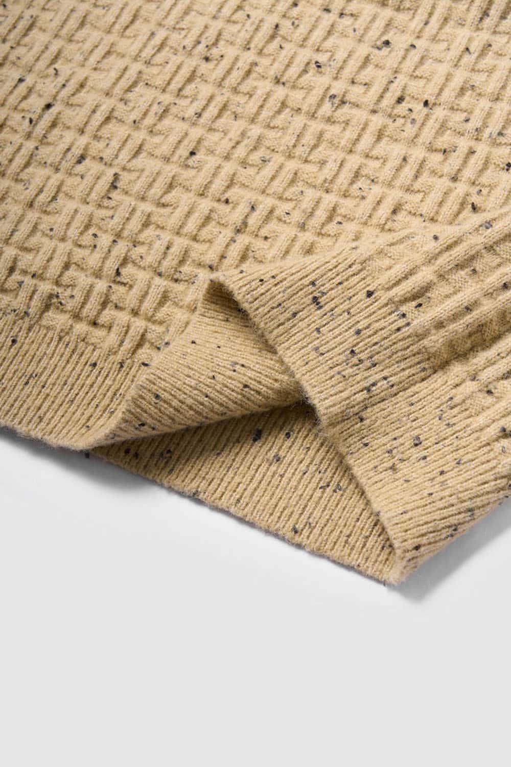 Abrasion-Resistant Flecked Geometric-Knit Crewneck Sweater in Milk Tea - cuff and hem detail