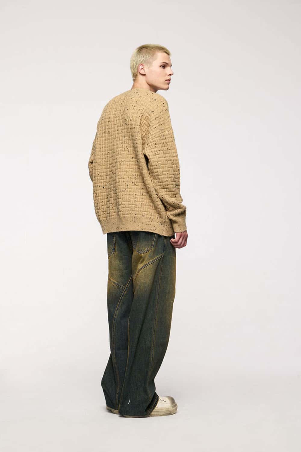 Abrasion-Resistant Flecked Geometric-Knit Crewneck Sweater in Milk Tea - full-length back modeled view