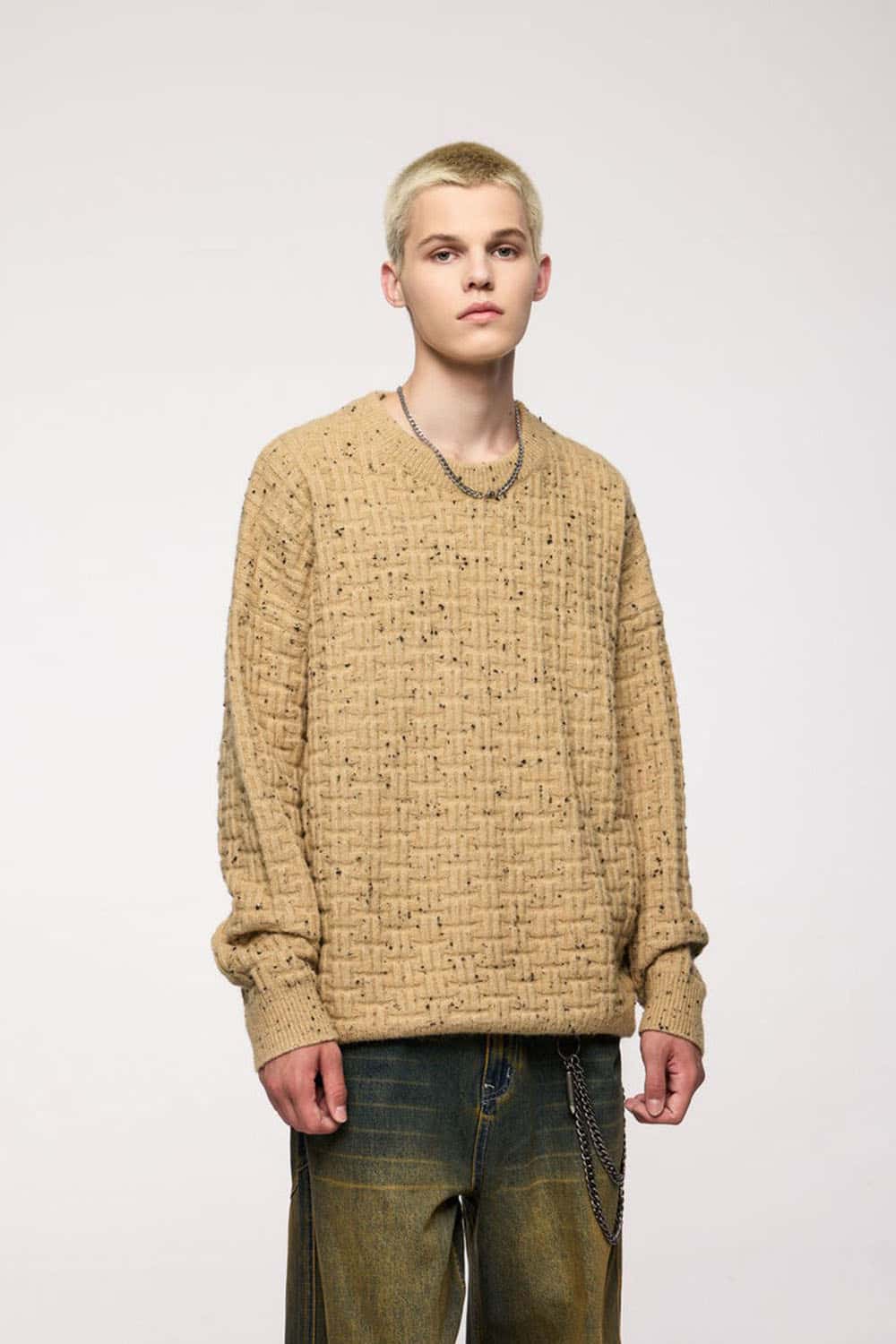 Abrasion-Resistant Flecked Geometric-Knit Crewneck Sweater in Milk Tea - front modeled view