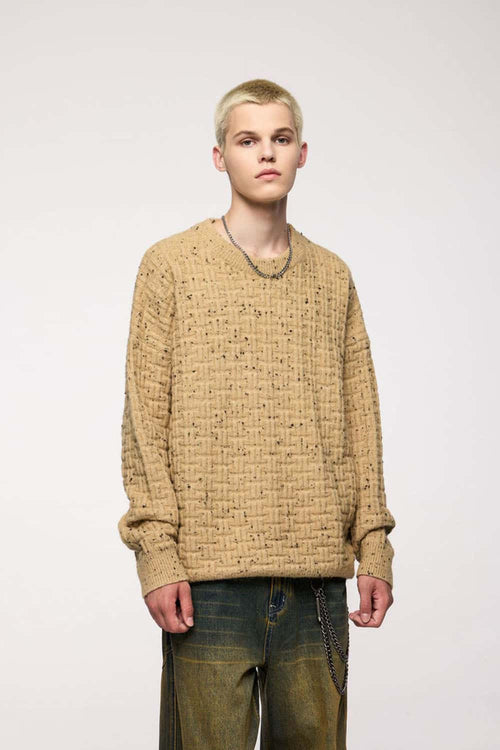 Abrasion-Resistant Flecked Geometric-Knit Crewneck Sweater in Milk Tea - front modeled view