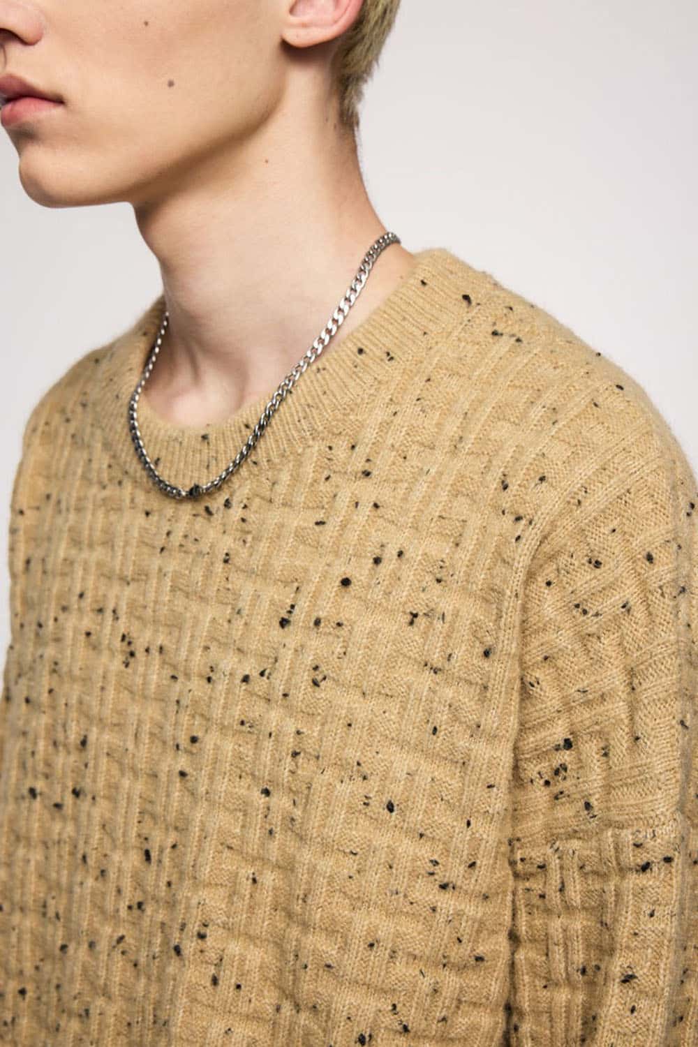 Abrasion-Resistant Flecked Geometric-Knit Crewneck Sweater in Milk Tea - product detail close-up