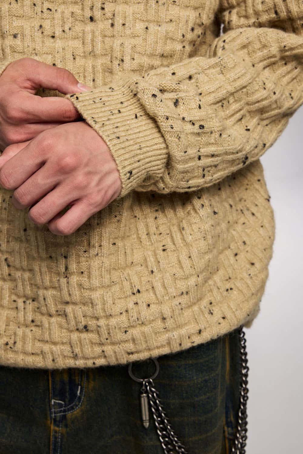 Abrasion-Resistant Flecked Geometric-Knit Crewneck Sweater in Milk Tea - cuff and hem detail