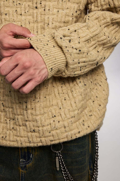 Abrasion-Resistant Flecked Geometric-Knit Crewneck Sweater in Milk Tea - cuff and hem detail