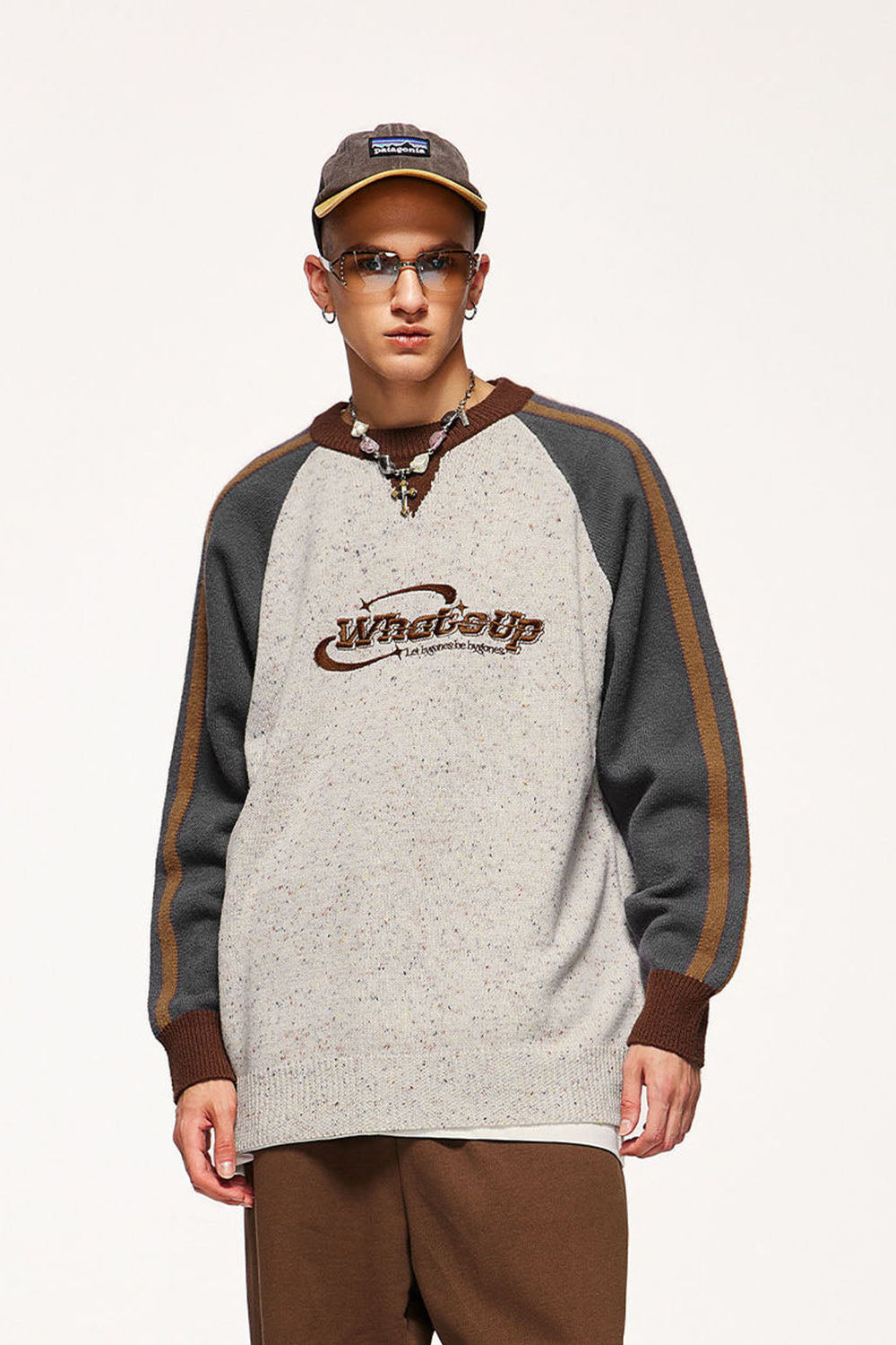 Contrast Panel Flecked Knit Sweater - Sand