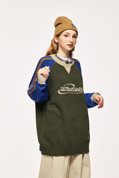 Contrast Panel Flecked Knit Sweater - Military Green