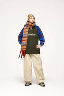 Warm Flecked-Knit Panelled Raglan Graphic Sweater in Military Green - full-length front modeled view