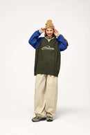 Warm Flecked-Knit Panelled Raglan Graphic Sweater in Military Green - full-length front modeled view