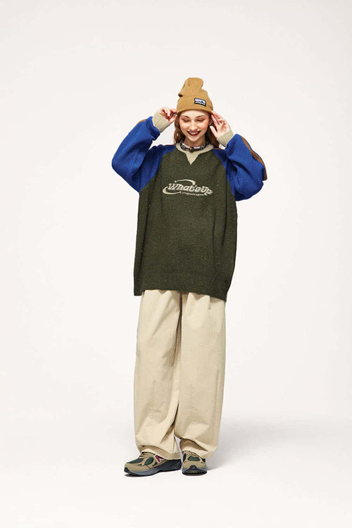 Warm Flecked-Knit Panelled Raglan Graphic Sweater in Military Green - full-length front modeled view