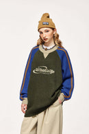 Warm Flecked-Knit Panelled Raglan Graphic Sweater in Military Green - front product view