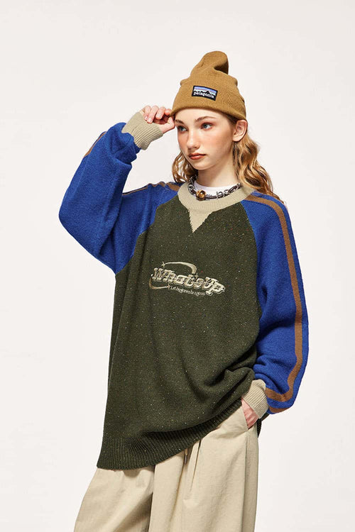 Warm Flecked-Knit Panelled Raglan Graphic Sweater in Military Green - product detail close-up