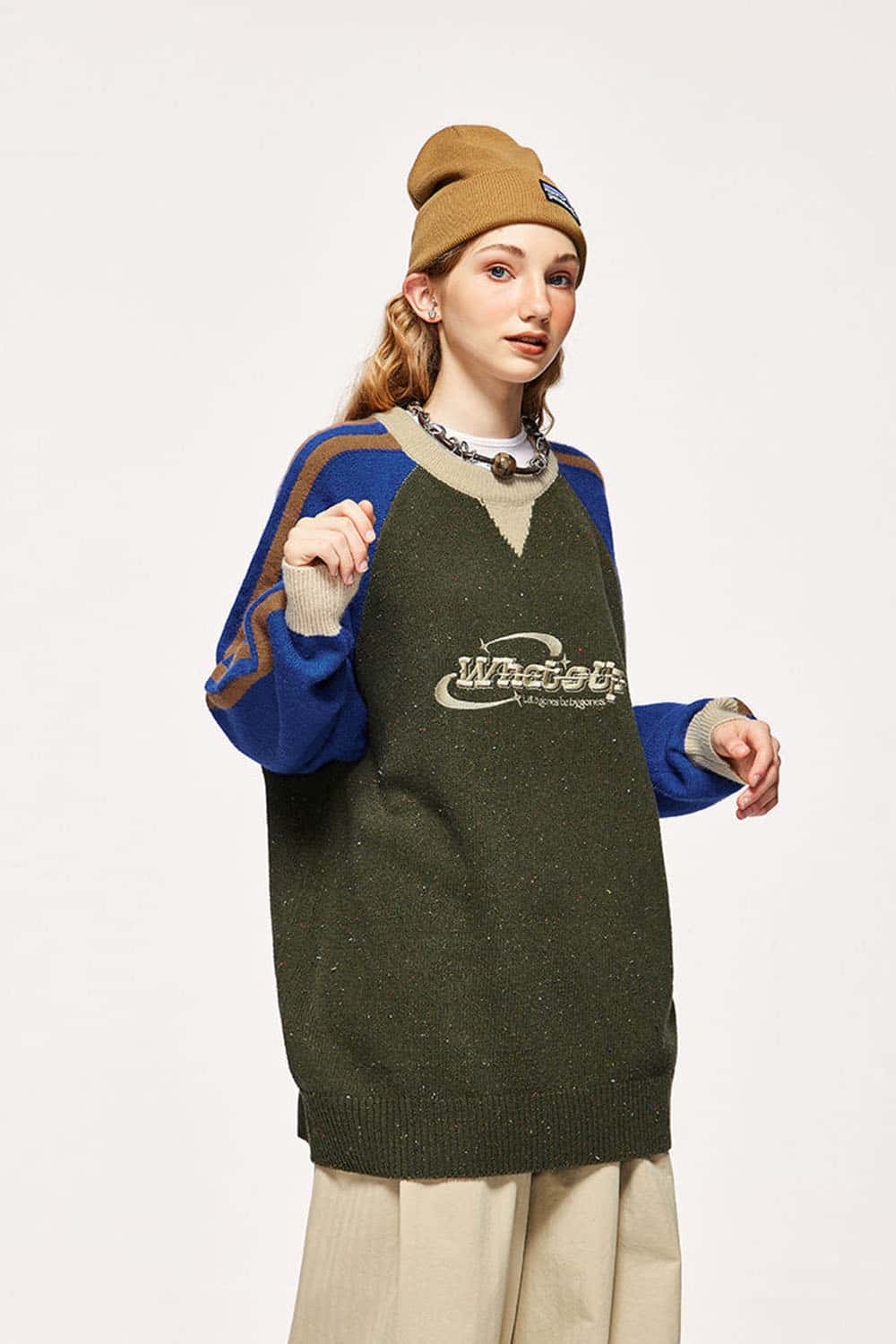 Warm Flecked-Knit Panelled Raglan Graphic Sweater in Military Green - front product view