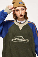 Warm Flecked-Knit Panelled Raglan Graphic Sweater in Military Green - collar detail