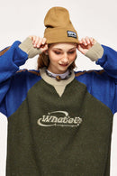 Warm Flecked-Knit Panelled Raglan Graphic Sweater in Military Green - front modeled view