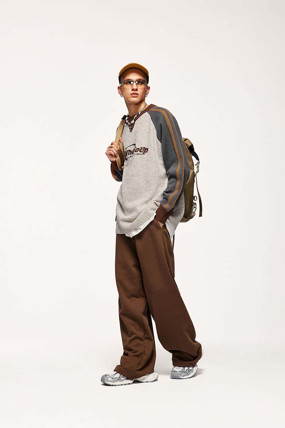 Warm Flecked-Knit Panelled Raglan Graphic Sweater in Sand - full-length front modeled view