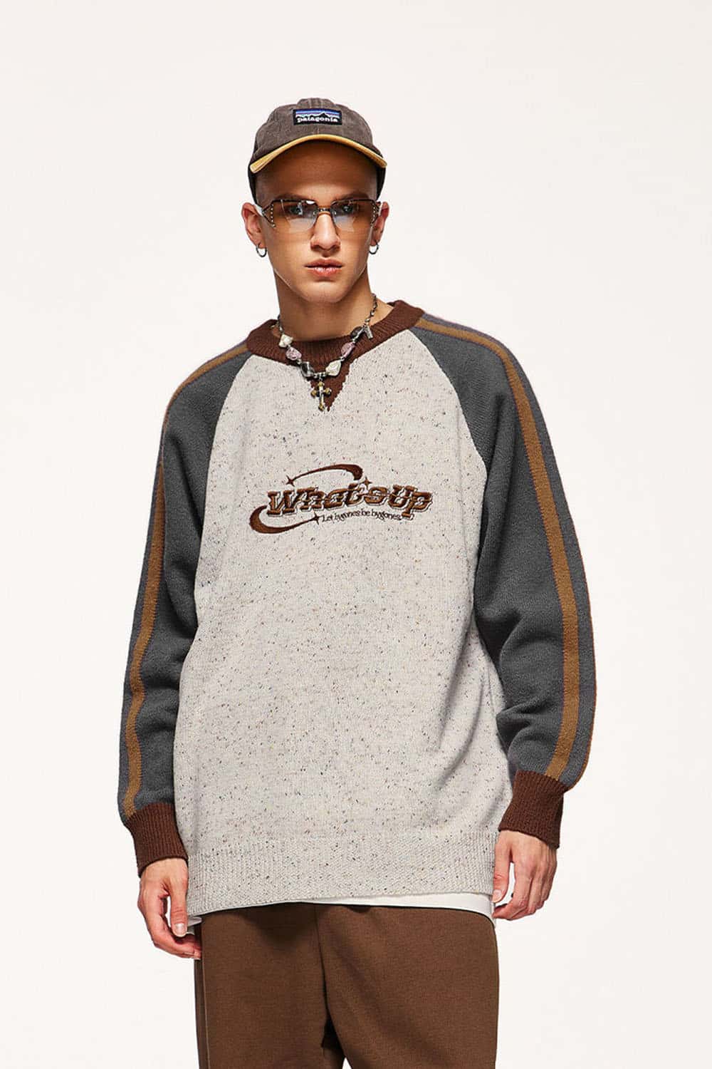 Warm Flecked-Knit Panelled Raglan Graphic Sweater in Sand - front product view
