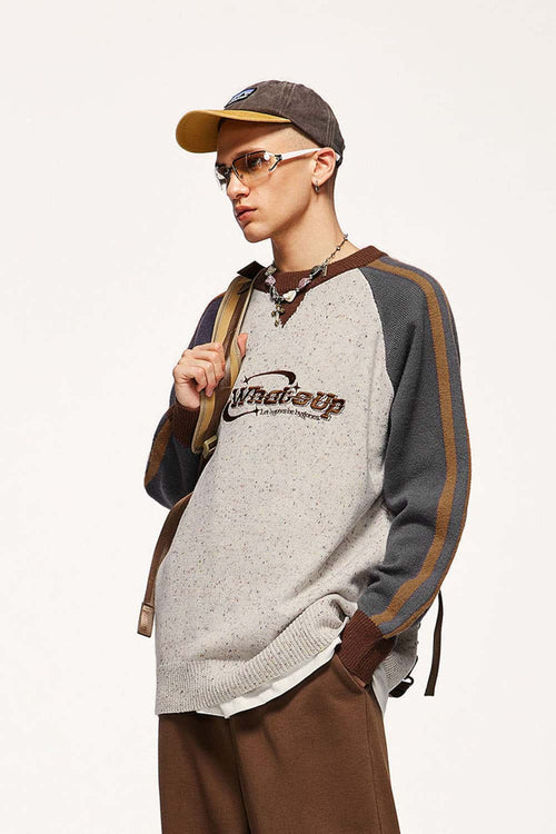 Warm Flecked-Knit Panelled Raglan Graphic Sweater in Sand - front product view