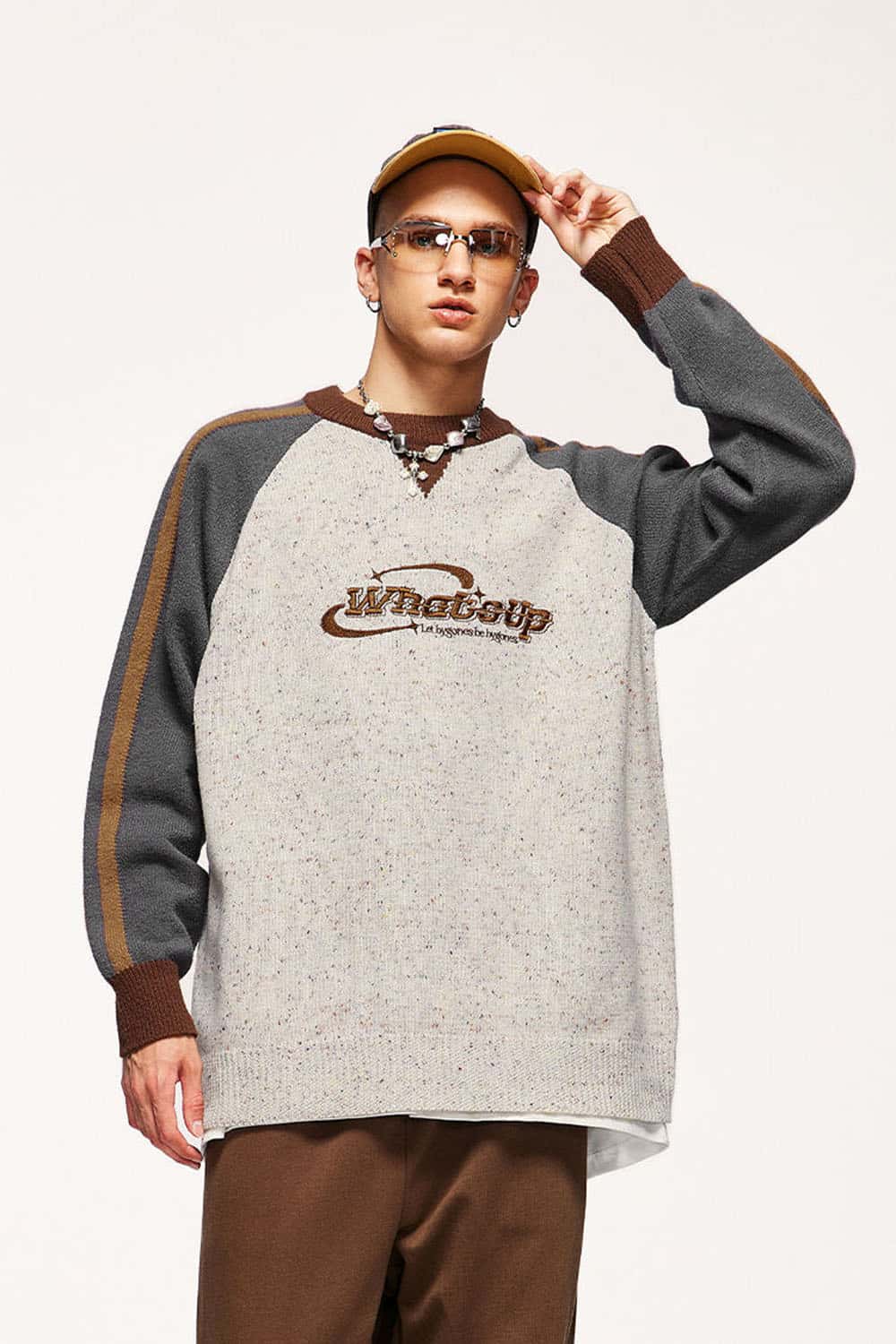 Warm Flecked-Knit Panelled Raglan Graphic Sweater in Sand - front modeled view