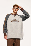 Warm Flecked-Knit Panelled Raglan Graphic Sweater in Sand - front modeled view