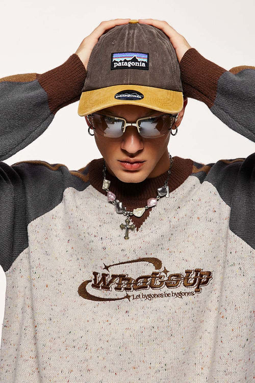 Warm Flecked-Knit Panelled Raglan Graphic Sweater in Sand - collar detail