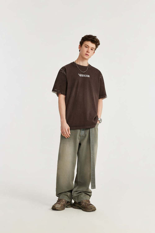 Washed Belted Wide-Leg Jeans in Yellow - full-length front modeled view