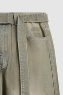 Washed Belted Wide-Leg Jeans in Yellow - back pocket detail