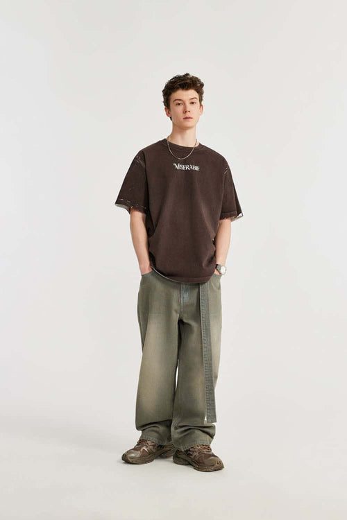 Washed Belted Wide-Leg Jeans in Yellow - full-length front modeled view