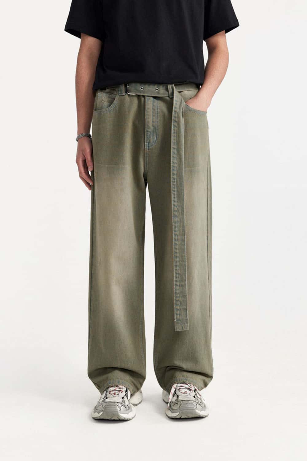 Washed Belted Wide-Leg Jeans in Yellow - waistband detail