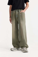 Washed Belted Wide-Leg Jeans in Yellow - waistband detail