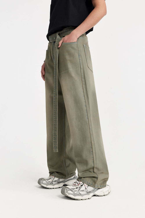 Washed Belted Wide-Leg Jeans in Yellow - side product view