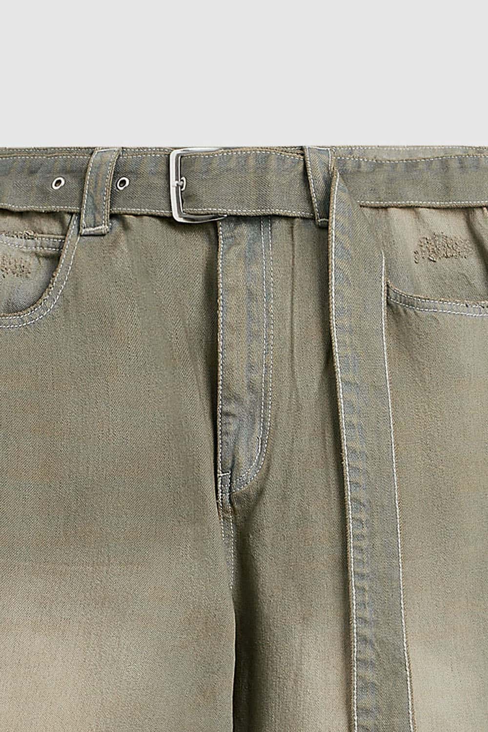 Washed Belted Wide-Leg Jeans in Yellow - product detail close-up