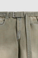 Washed Belted Wide-Leg Jeans in Yellow - product detail close-up