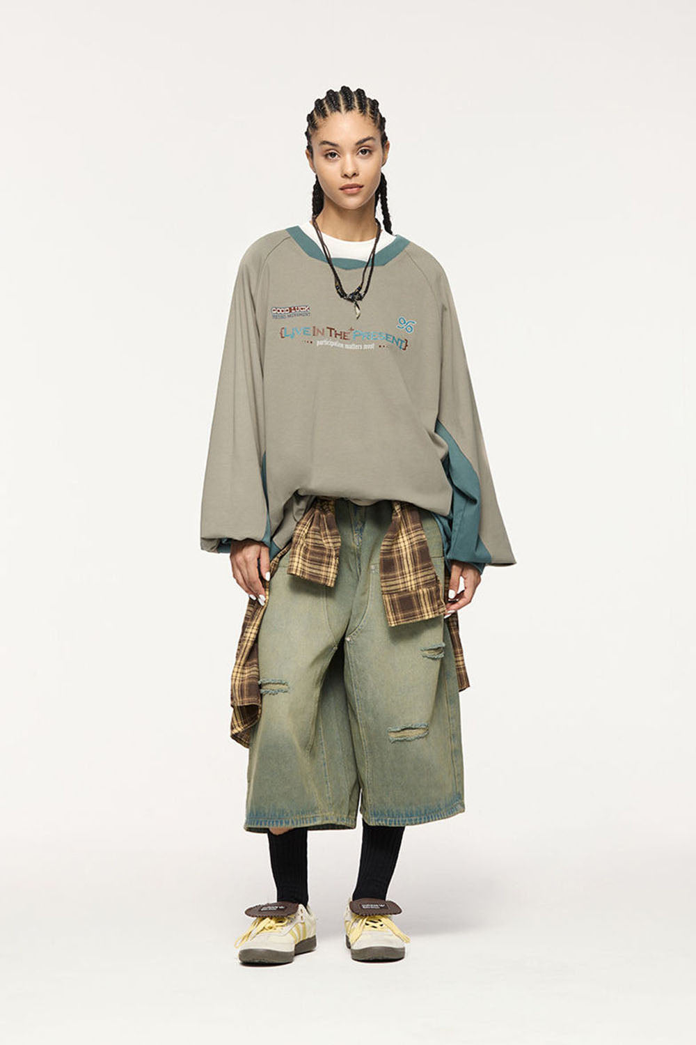 Patchwork Long Sleeve Tee - Khaki