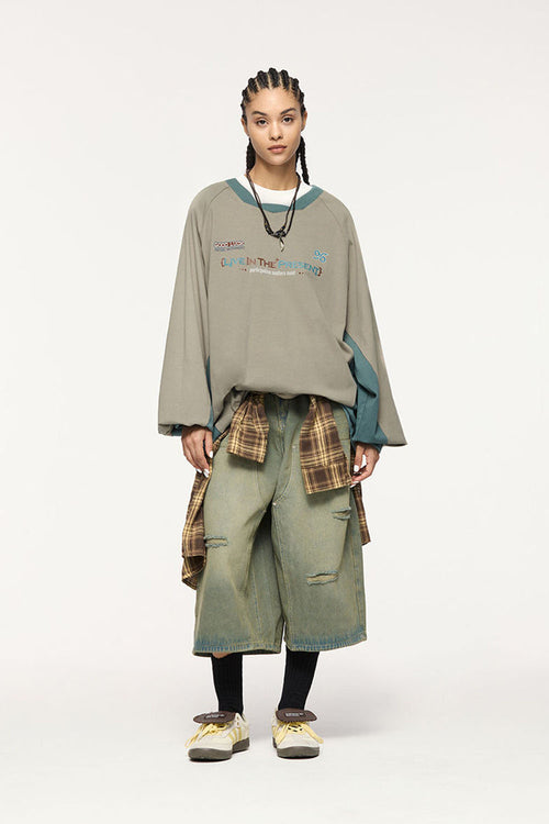 Patchwork Long Sleeve Tee - Khaki