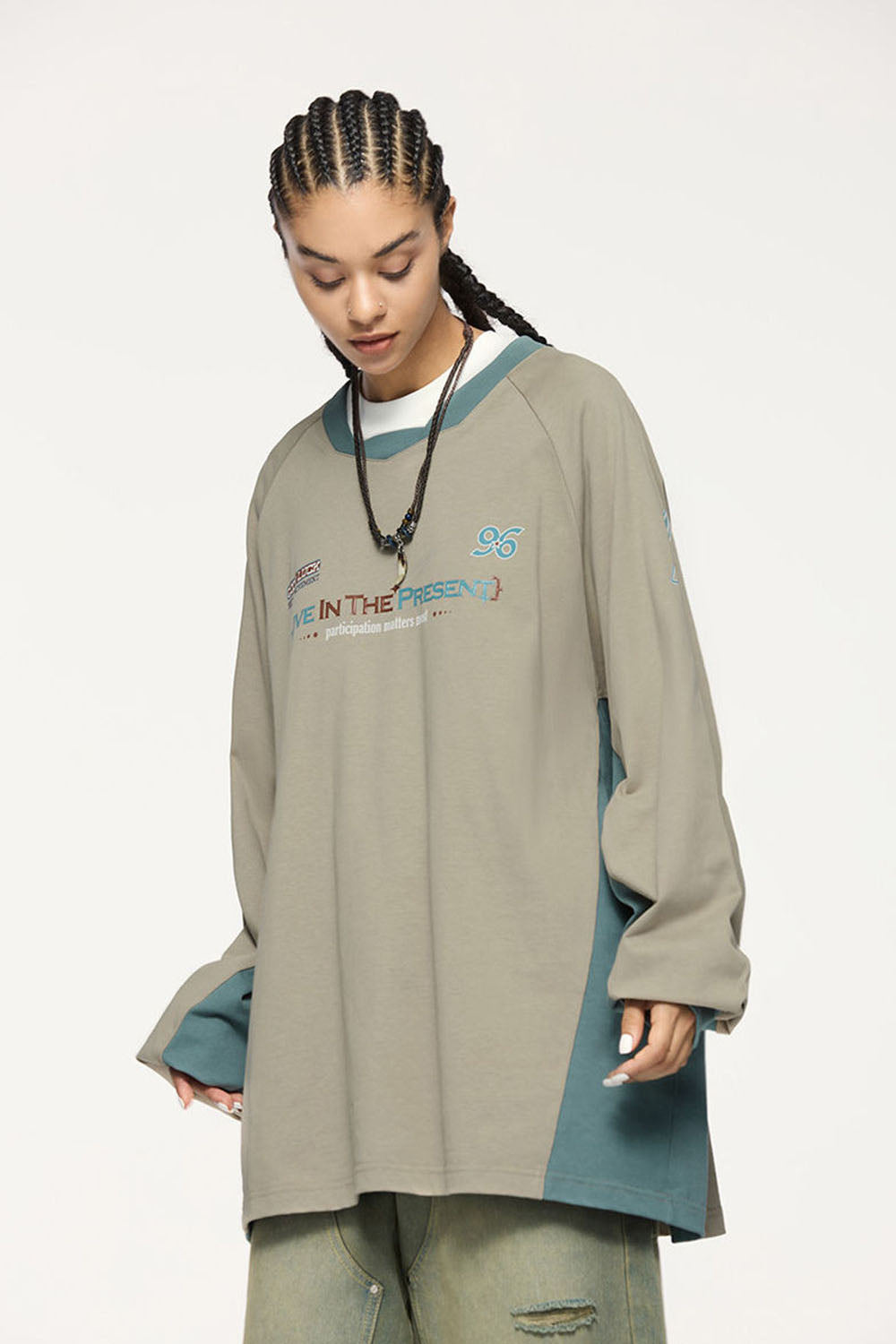 Patchwork Long Sleeve Tee - Khaki