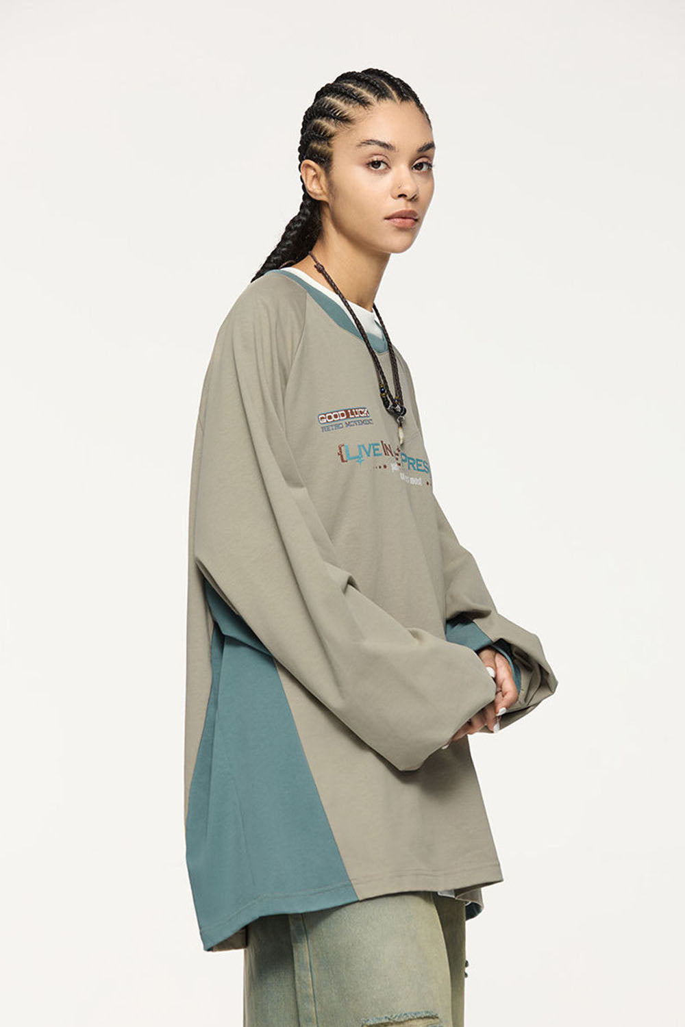 Patchwork Long Sleeve Tee - Khaki
